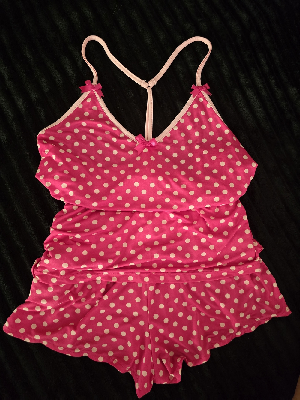 Betsey Johnson Hot Pink Polka Dot Ruffled Sleepwear with Light Pink Trim